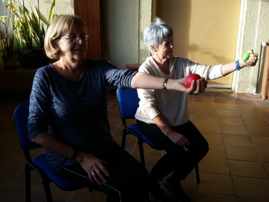 Nadine et Moïra (Puy Lévêque) travaillent sur un exercice qui aborde la préhension : faculté à saisir un objet….